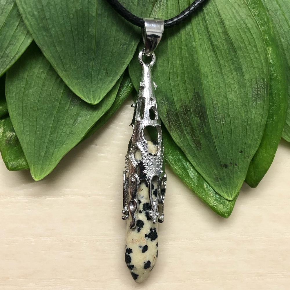 Dalmatian Natural Stone Hexagonal Prism Pyramid Pendant Gemstone Necklace - Picture 4 of 4